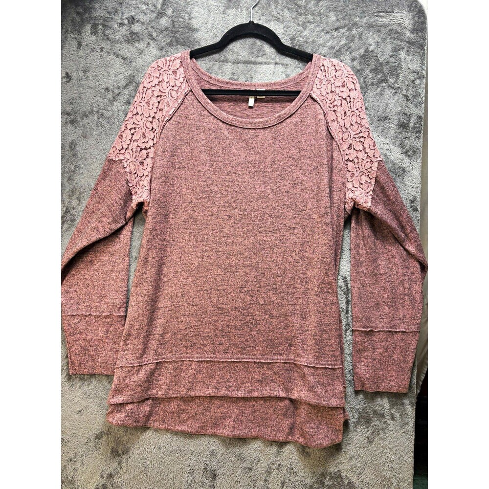 Cato Women’s Pink Solid Knit Lace Raglan Long Sleeve Round Neck Pullover 18